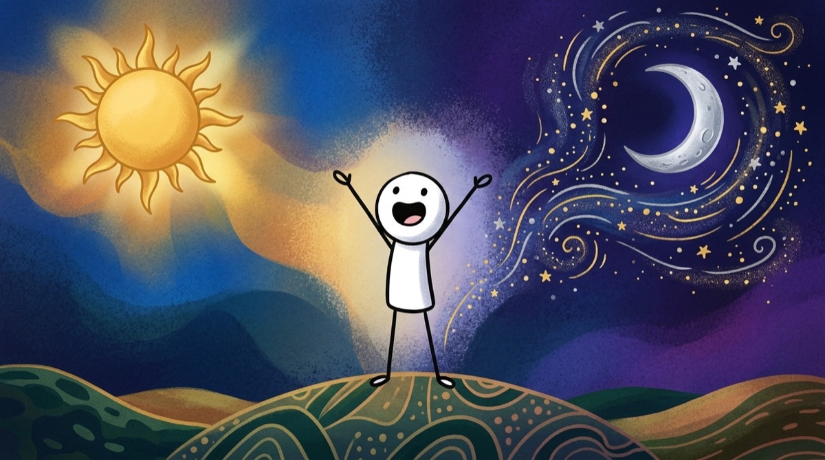 Sticky stands joyfully between the sun and the moon on the day they were made